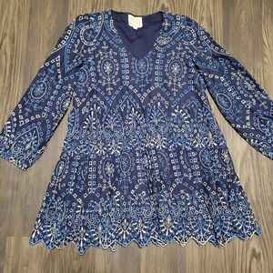 Sail to Sable Tuckernuck Navy Blue Eyelet Embroidered Mini Dress Size XL Pockets
